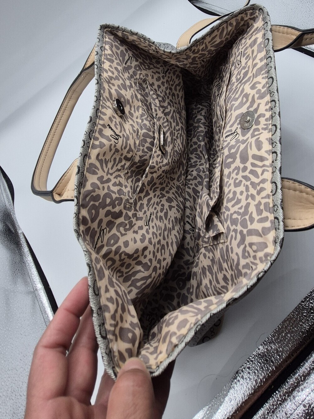 GUESS Beige and Gray Signature Satchel - Picture 7 of 10